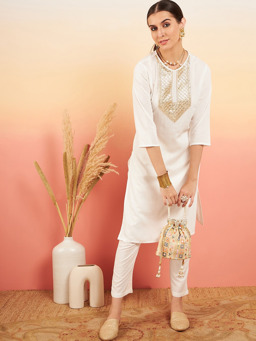 

InWeave Ethnic Motifs Yoke Design Regular Thread Work Kurta with Trousers, Cream