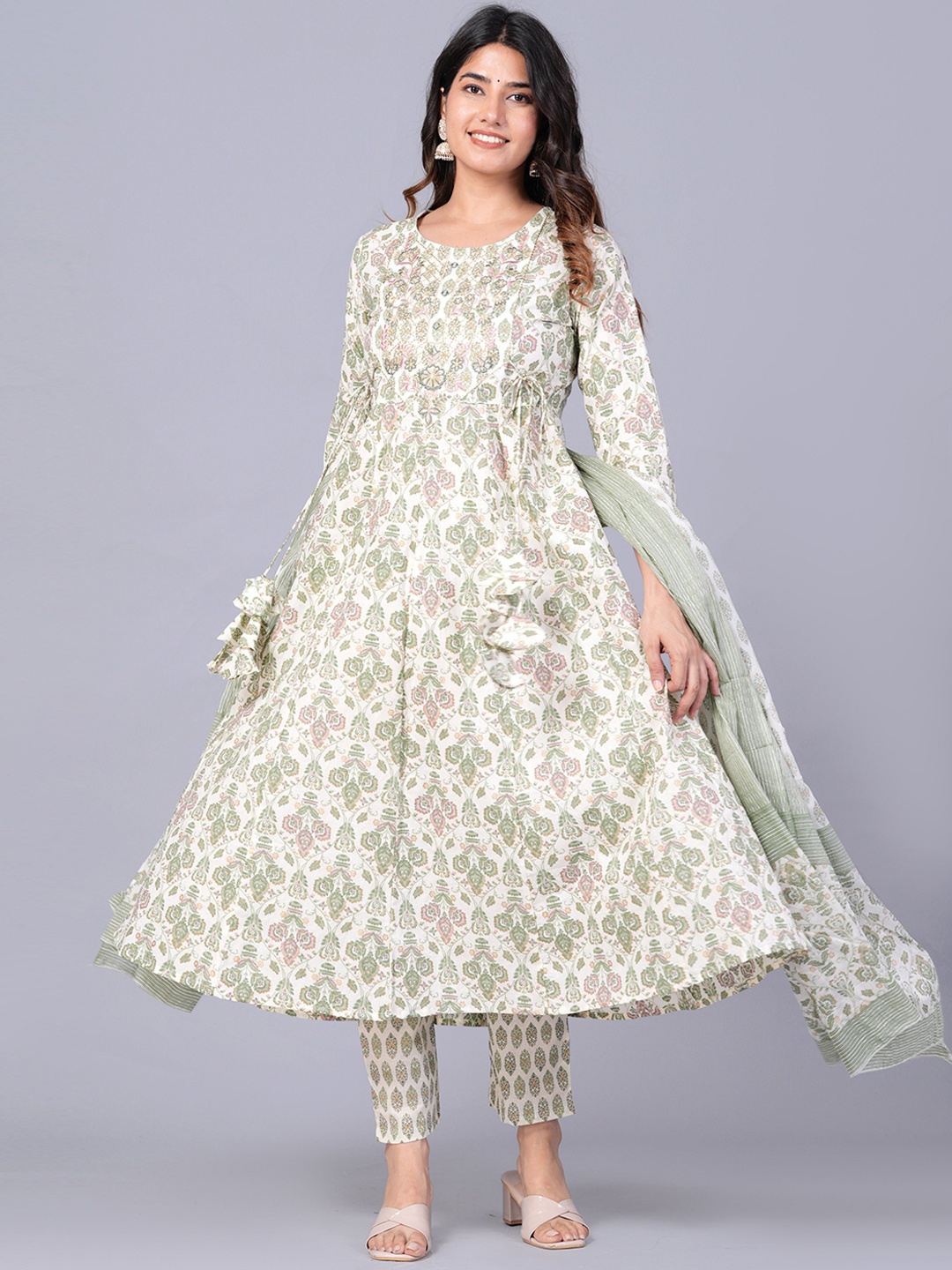 

KALINI Floral Printed Thread Work Pure Cotton Anarkali Kurta & Trousers With Dupatta, White