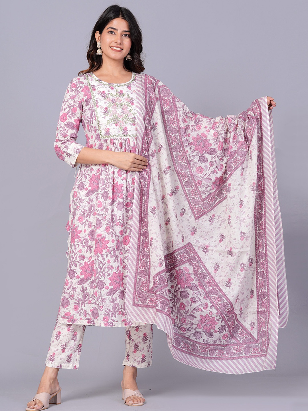 

KALINI Floral Printed Pure Cotton Kurta & Trousers With Dupatta, White