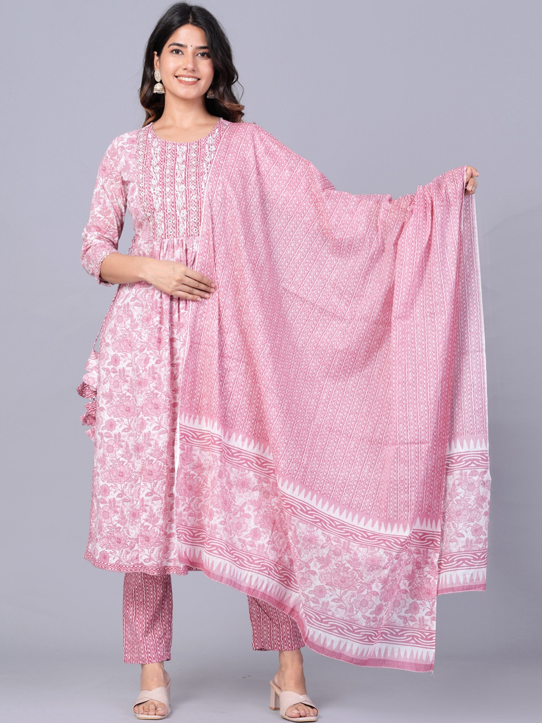 

KALINI Floral Printed Regular Mirror Work Pure Cotton Kurta With Trousers & Dupatta, Pink