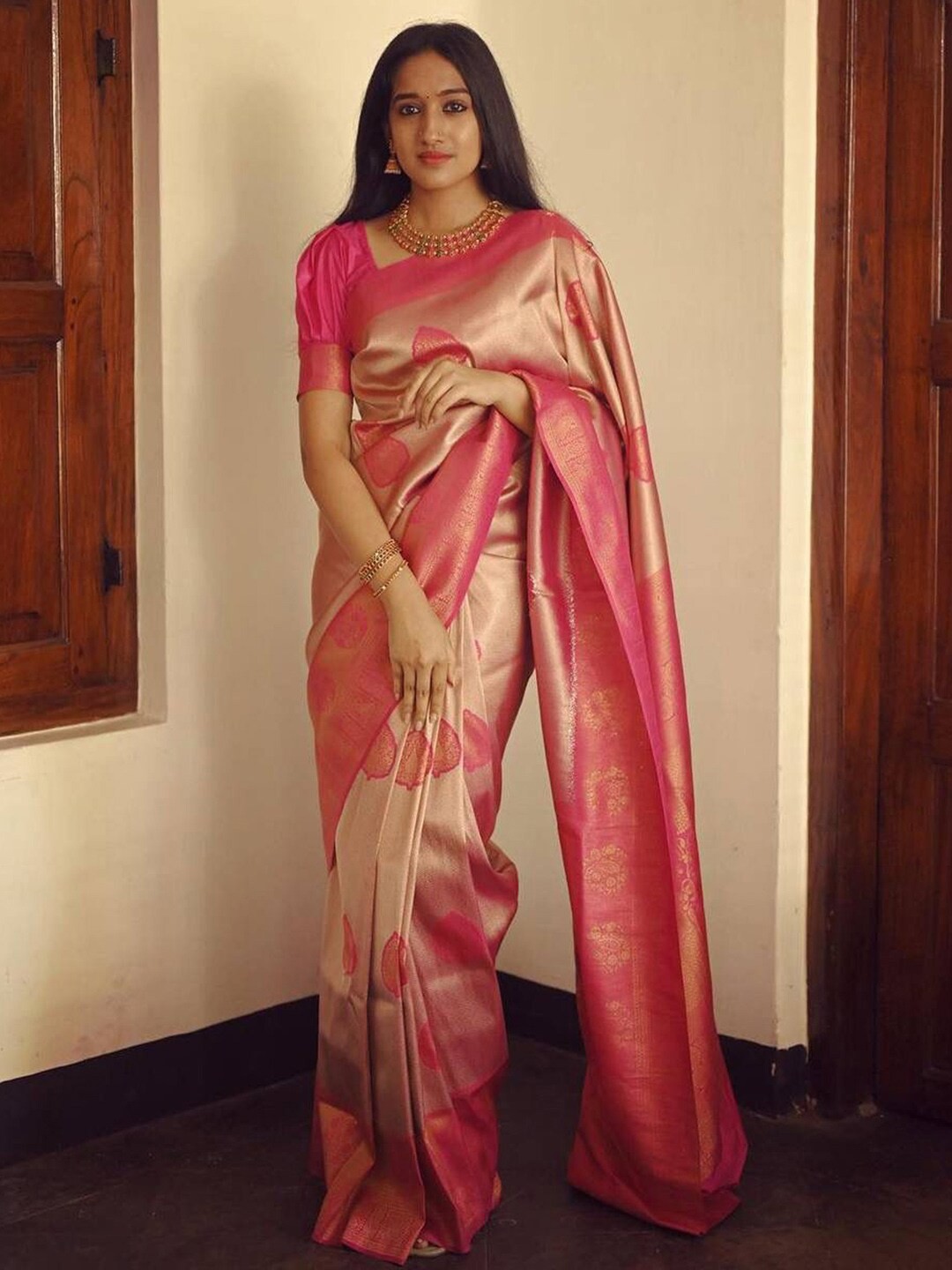 

KALINI Ethnic Motifs Woven Design Zari Silk Blend Banarasi Saree, Pink