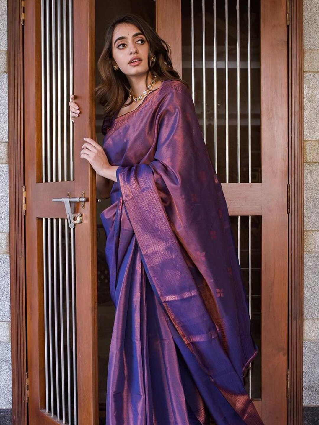 

KALINI Woven Design Zari Silk Blend Banarasi Saree, Purple