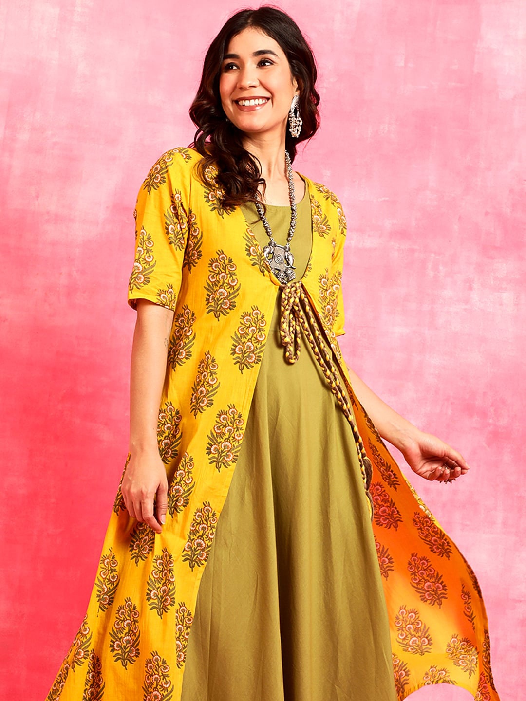 

Anouk Yellow Floral Printed Cotton A-Line Maxi Ethnic Dress