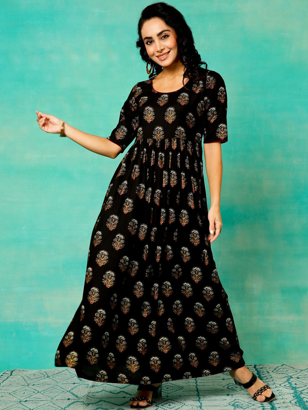 

Anouk Ethnic Motif Printed Fit & Flare Dress, Black