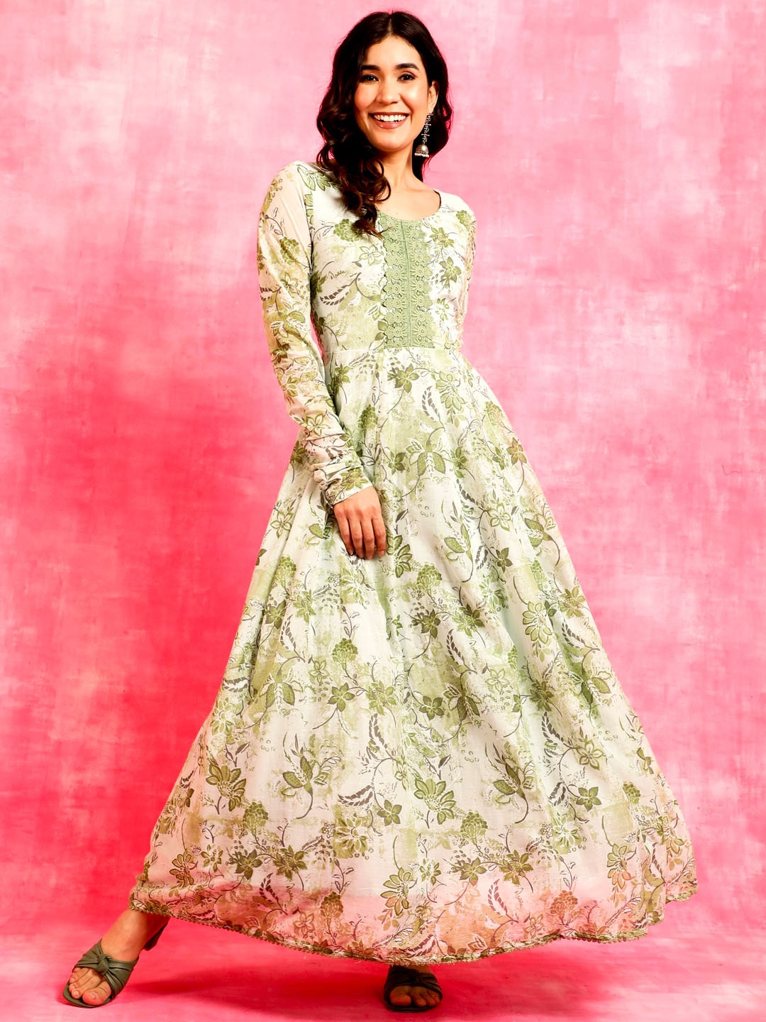 

Anouk Green Floral Printed Round Neck Lace Inserts Cotton Maxi Ethnic Dress