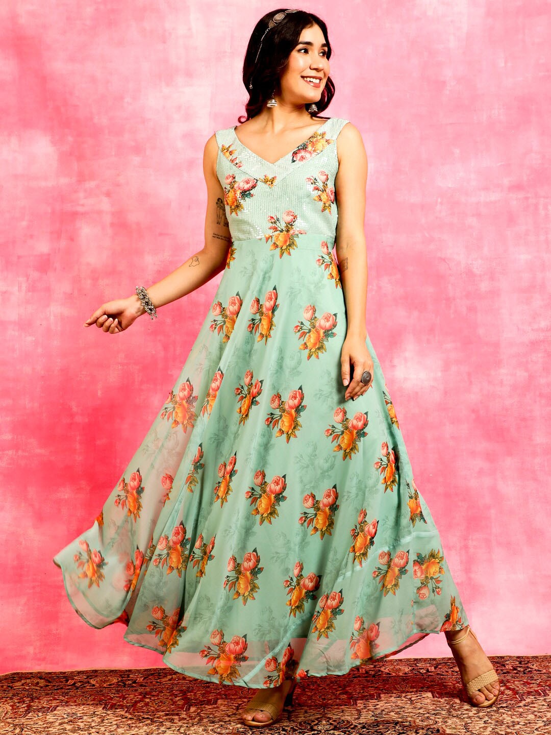 

Anouk Sea Green Floral Printed Sleeveless Sequined Georgette Maxi Dress