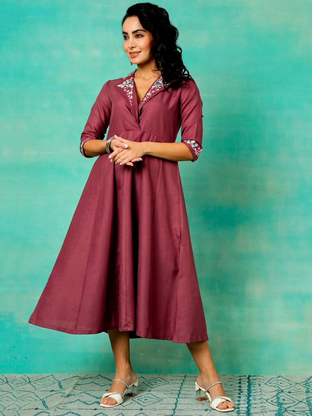 

Anouk Burgundy Floral Embroidered Notched Lapel collar Pleated Fit & Flare Midi Dress