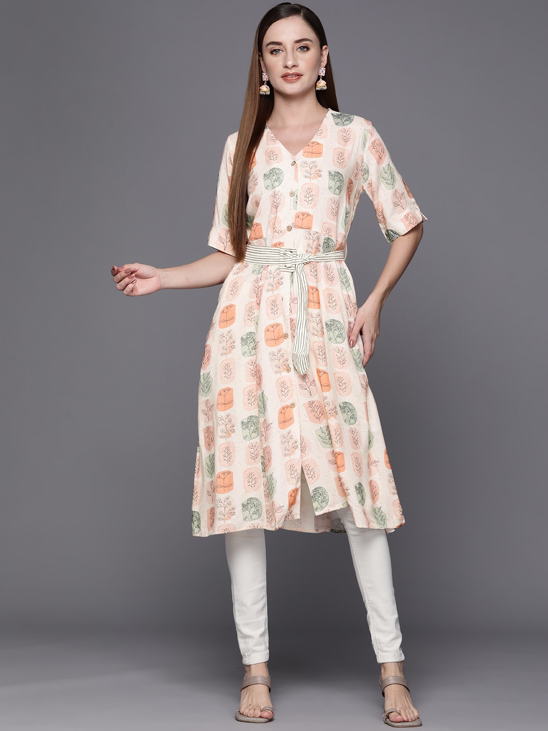 

Biba Printed A-Line Kurta with Belt, Off white
