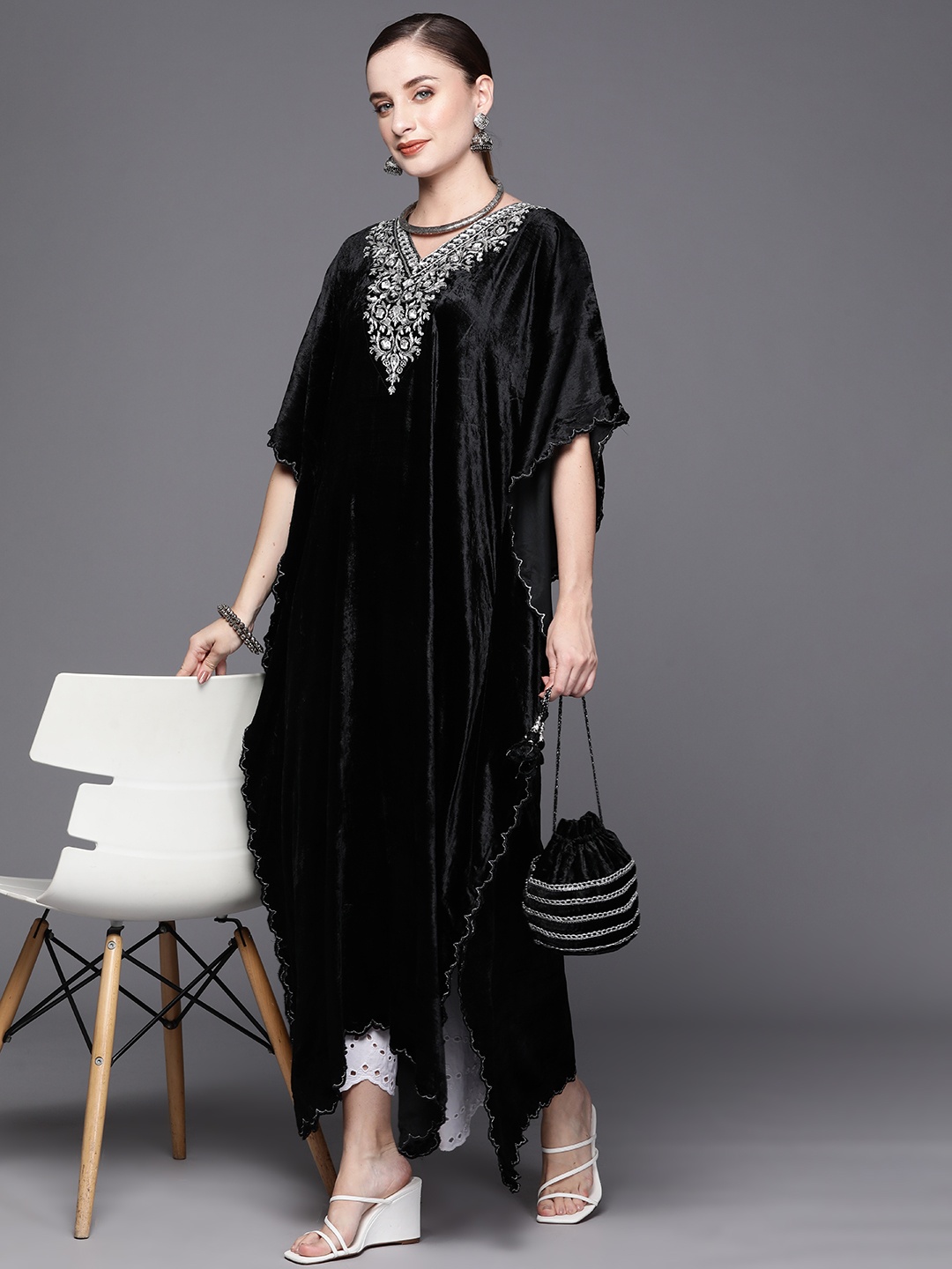 

Biba Women Embroidered Kaftan Kurta with Bag, Black