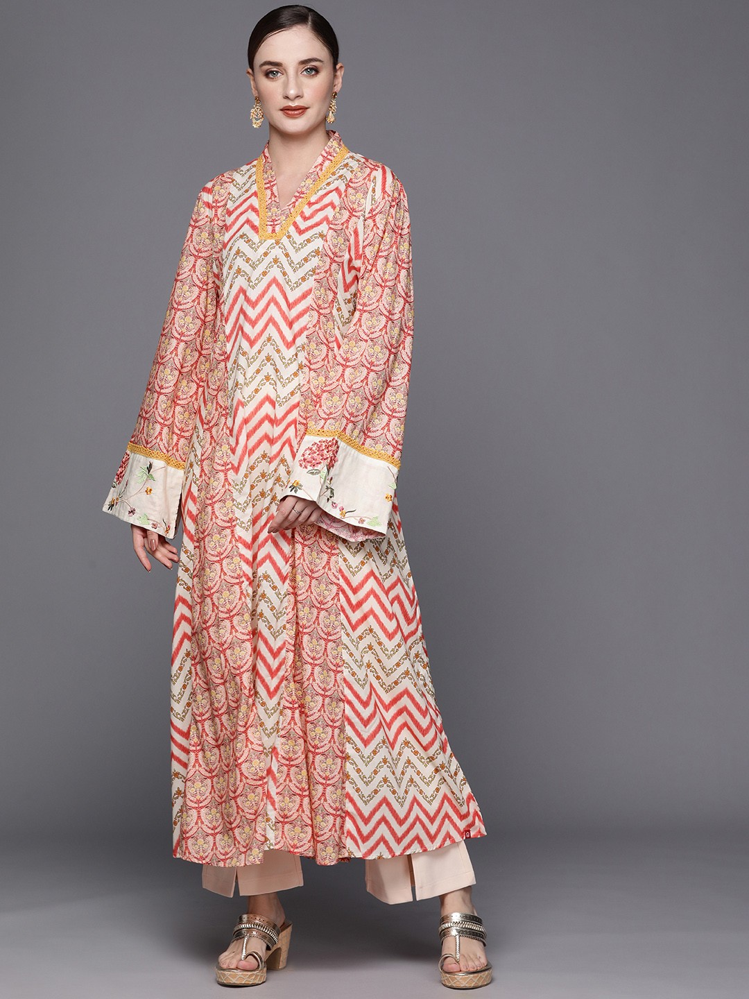 

Biba Women Ethnic Motifs Printed Pure Cotton Anarkali Kurta, Coral