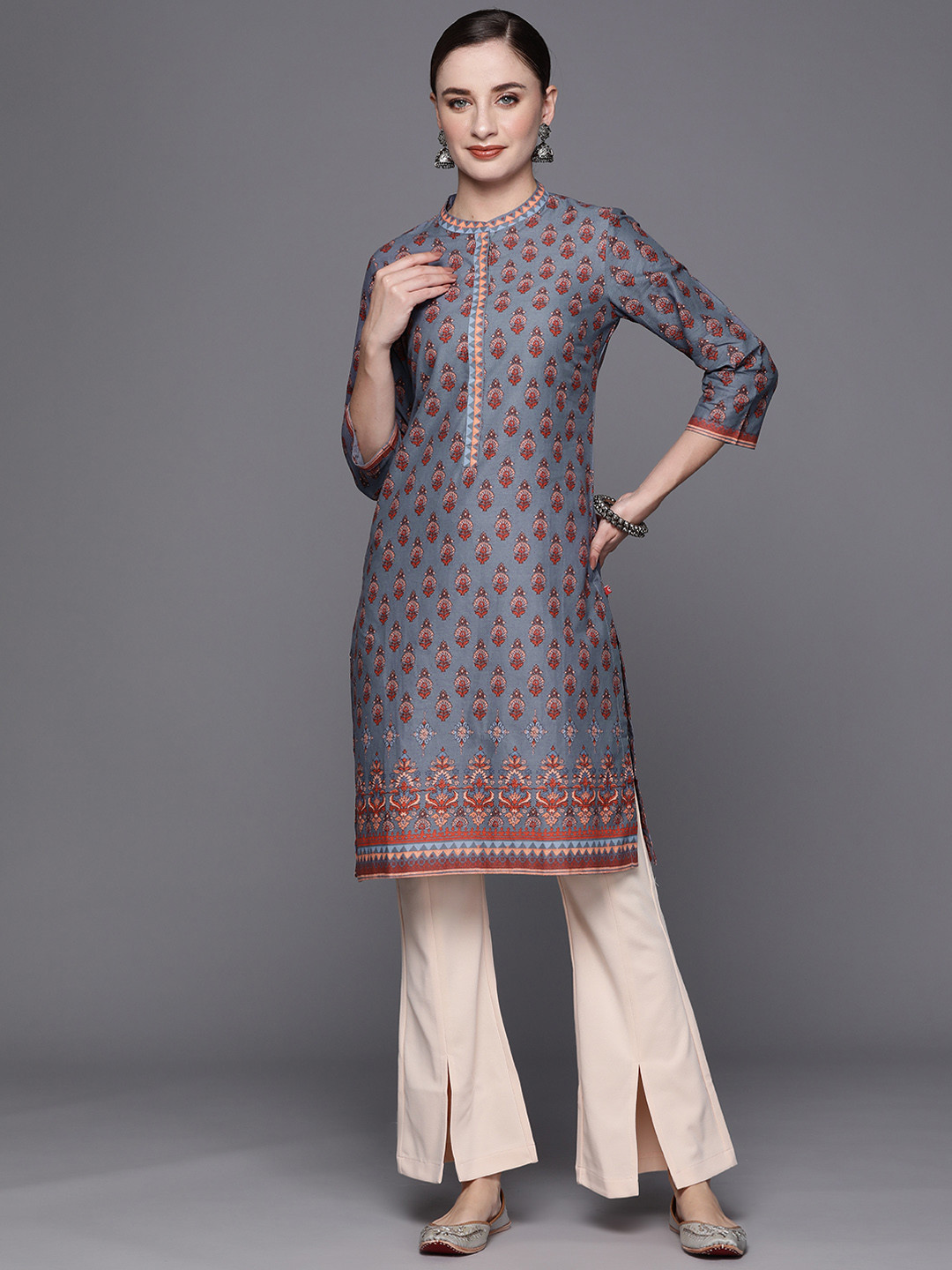 

Biba Women Ethnic Motifs Printed Pure Cotton Kurta, Grey