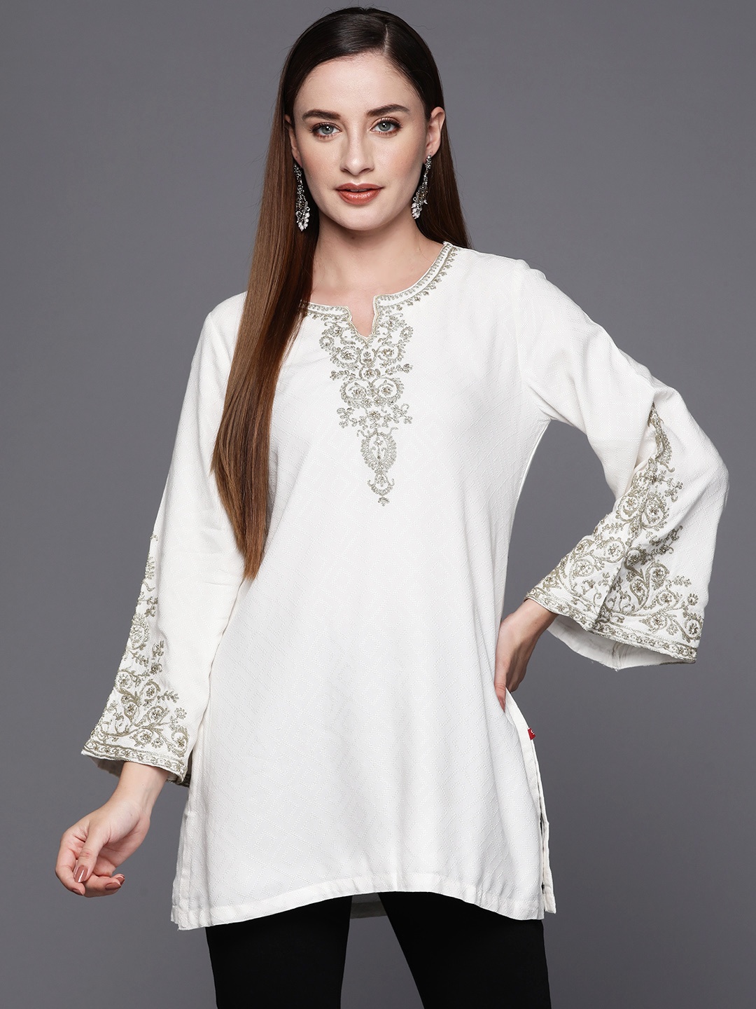 

Biba Self-Design Embroidered Detail Flared Sleeves Kurti, Off white