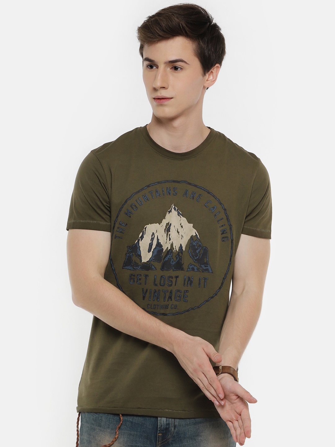 

Jack & Jones Men Olive Brown Printed Round Neck T-shirt