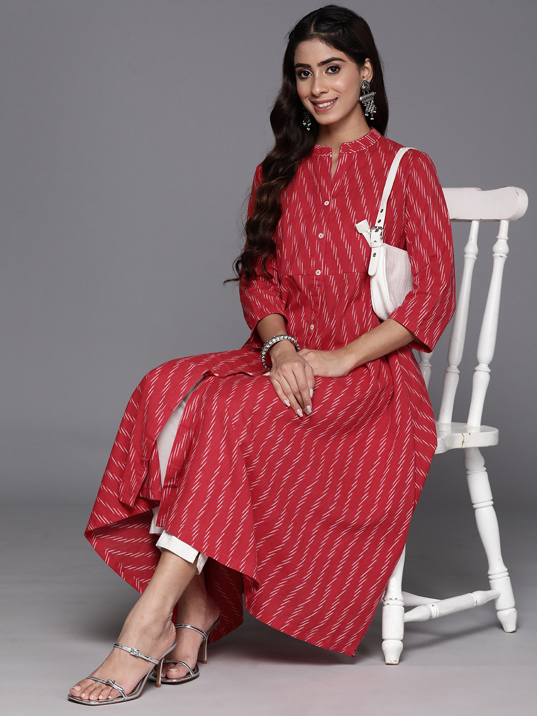 

Biba Striped Cotton A-line Kurta, Red