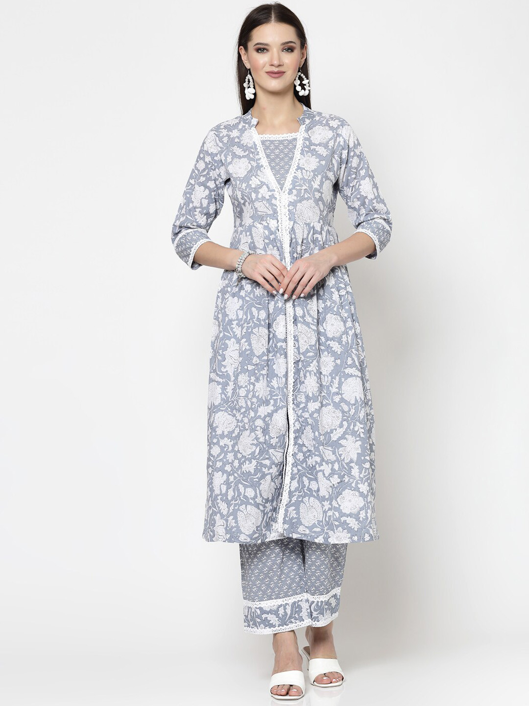 

KALINI Floral Printed Pleated Thread Work Kurta with Trousers, Grey