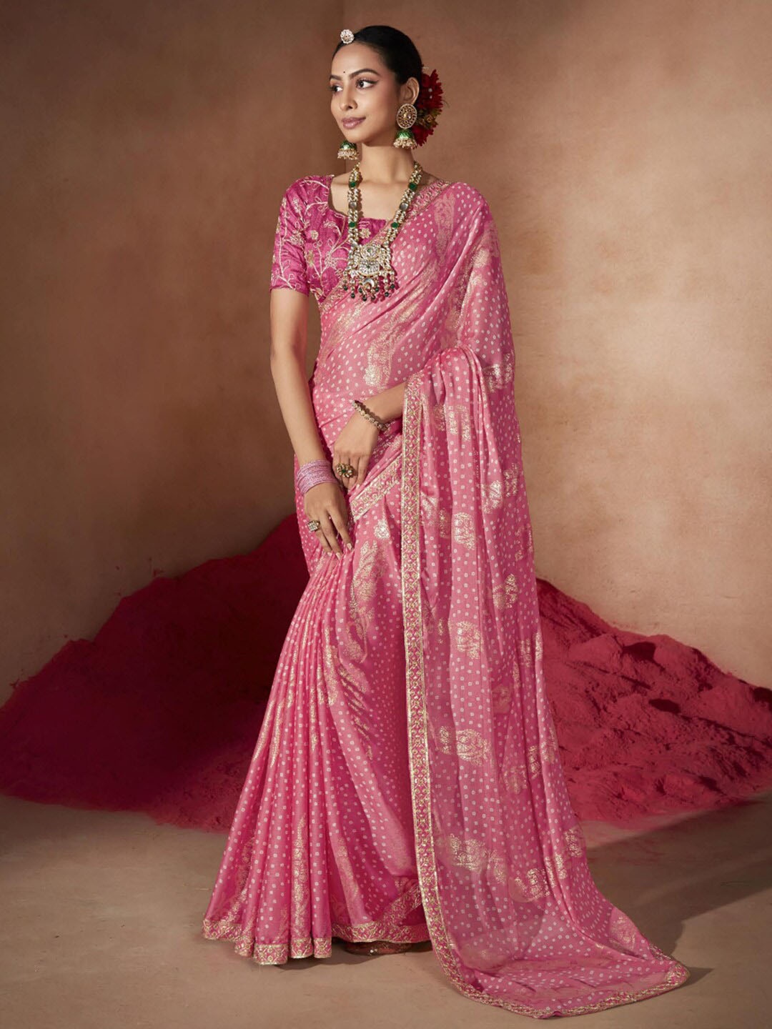 

Anouk Bandhani Printed Sequinned Pure Chiffon Saree, Pink