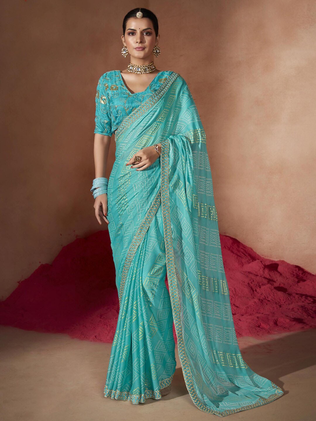 

Anouk Blue & White Bandhani Printed Sequinned Pure Chiffon Saree