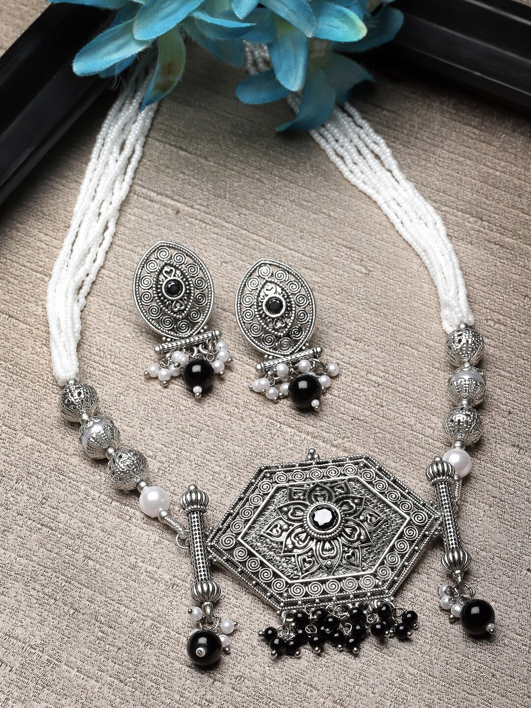 

ADIVA Silver-Plated Artificial Studded And Beaded Jewellery Set