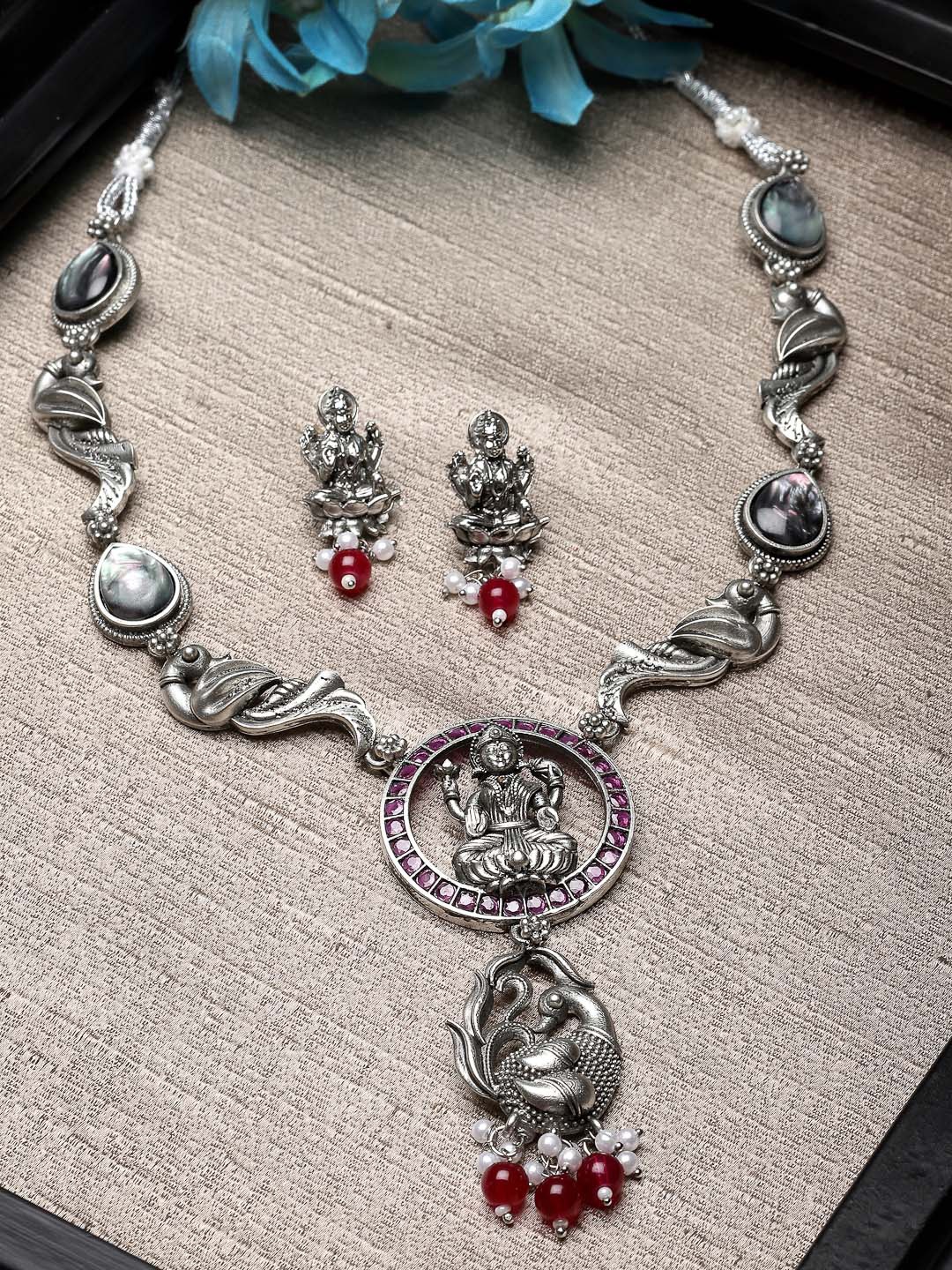 

ADIVA Silver-Plated Studded & Beaded Oxidised Necklace & Earrings