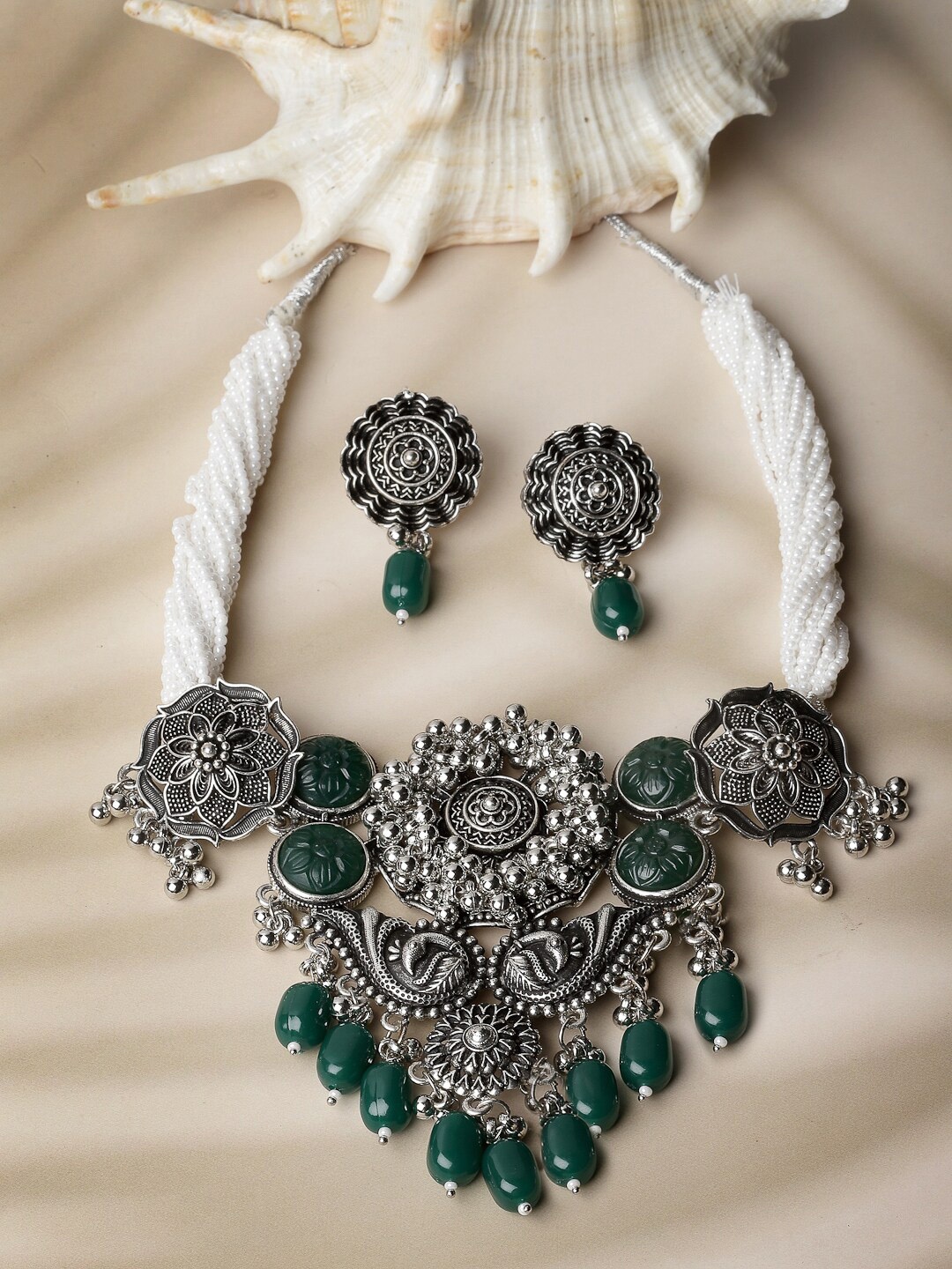 

ADIVA Silver-Plated Peacock Shaped Oxidised Necklace And Earrings