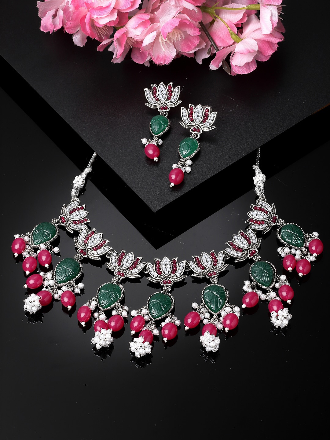 

ADIVA Silver-Plated Floral Shaped Oxidised Necklace And Earrings