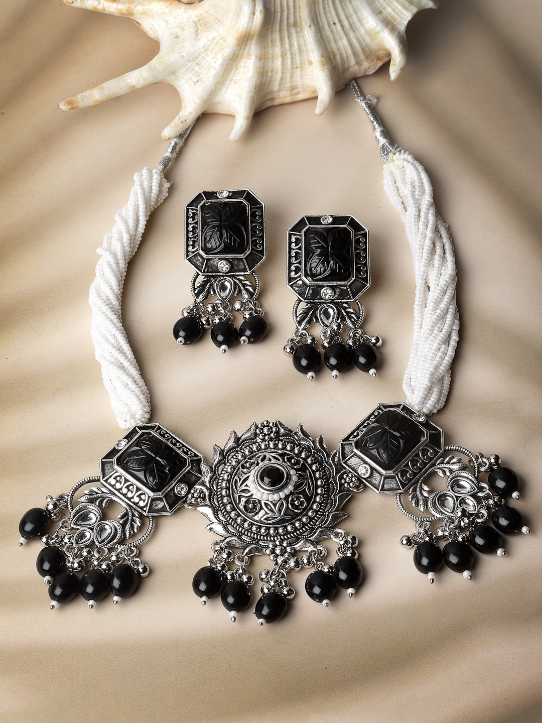 

ADIVA Silver-Plated Studded And Beaded Oxidised Jewellery Set