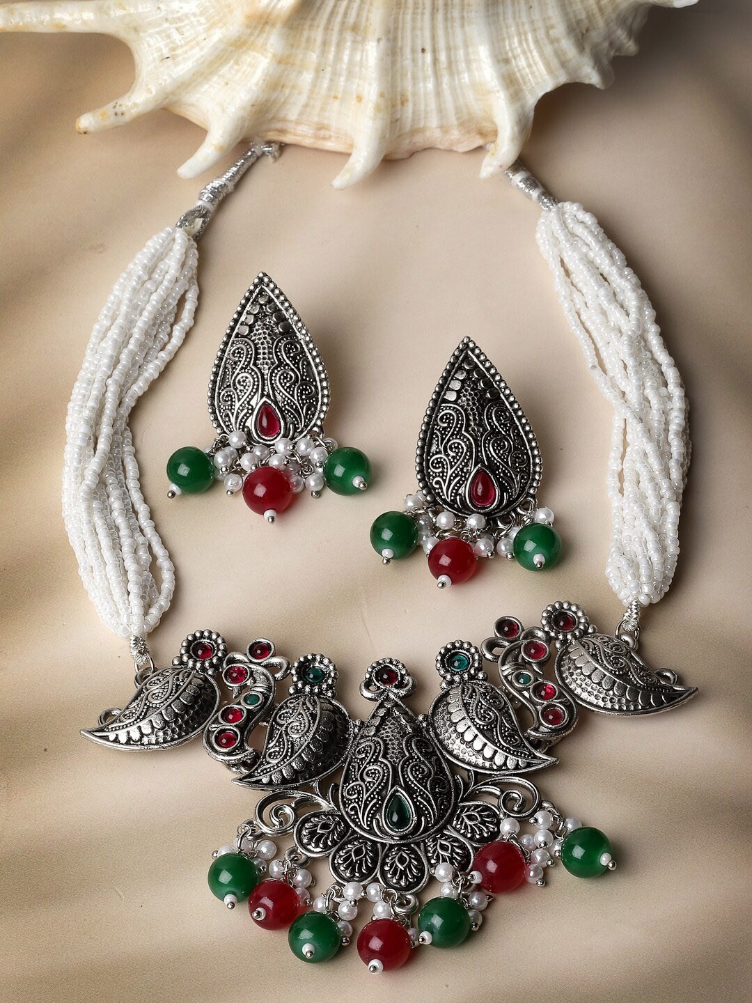 

ADIVA Silver-Plated Beaded Oxidised Leaf Shape Necklace & Earrings