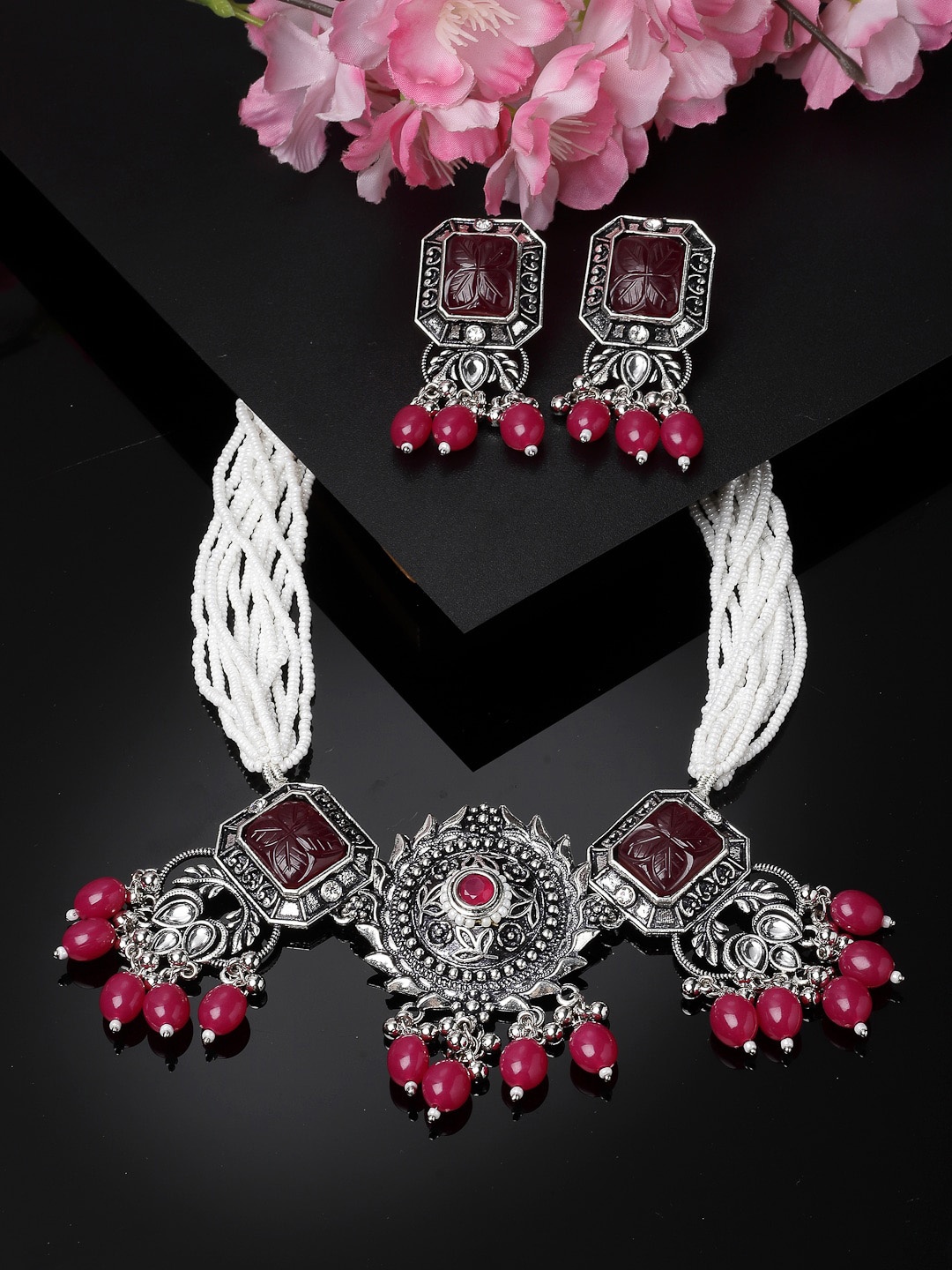 

ADIVA Silver-Plated Studded And Beaded Oxidised Jewellery Set