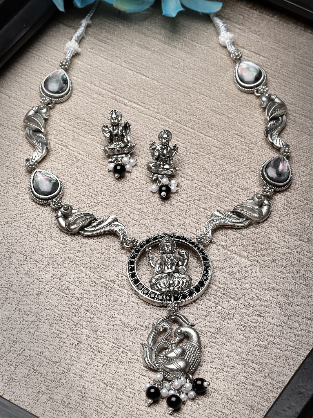 

ADIVA Silver-Plated Stone & Pearls Peacock Shape Oxidised Temple Jewelley Set