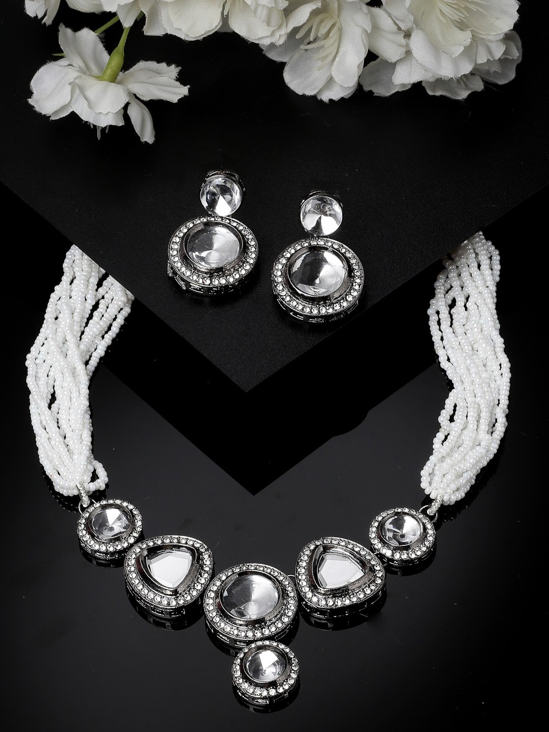 

ADIVA Rhodium-Plated Kundan & Cubic Zirconia Studded Jewellery set, Silver