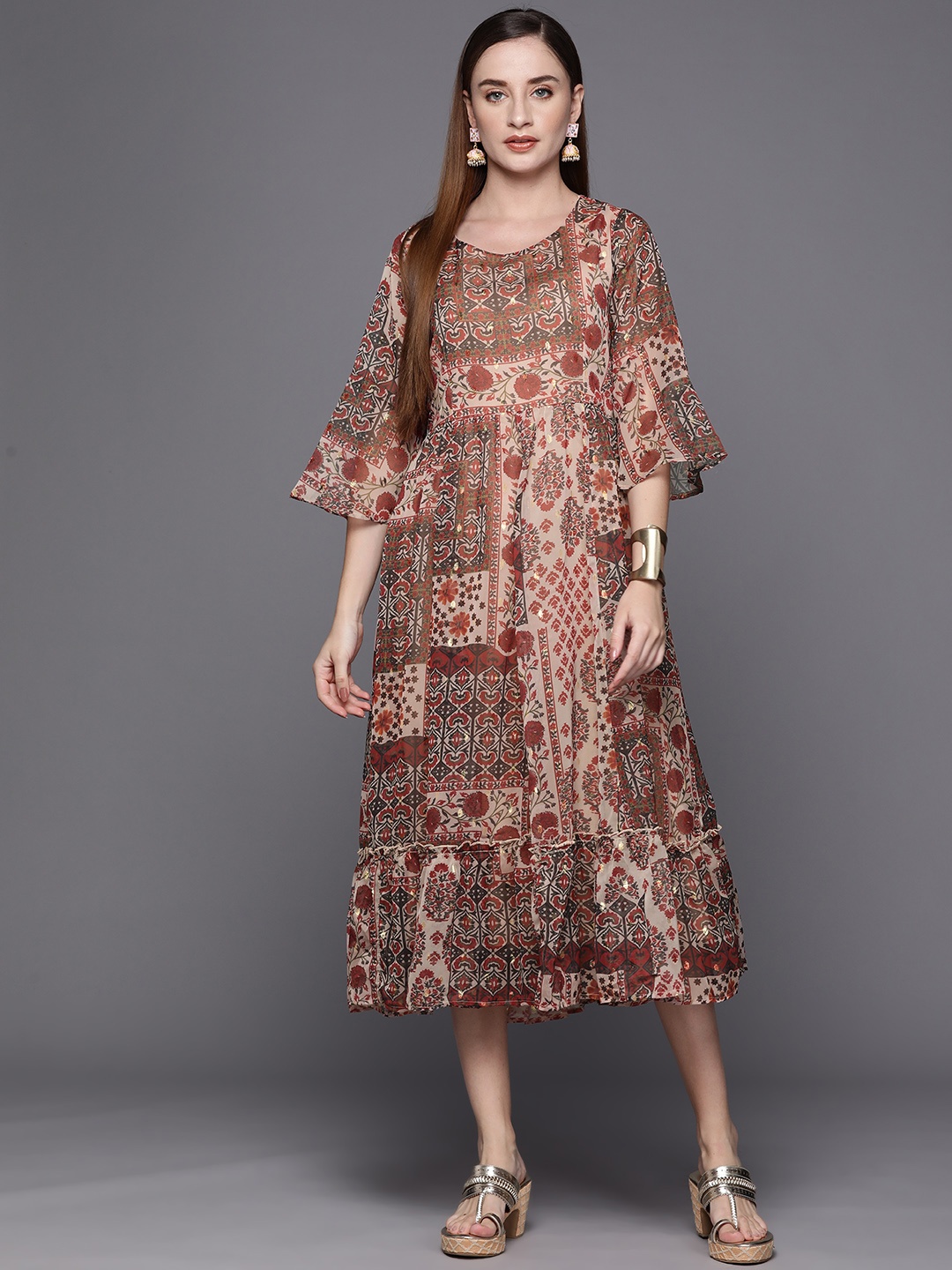 

Biba Ethnic Motifs Print A-Line Dress, Beige