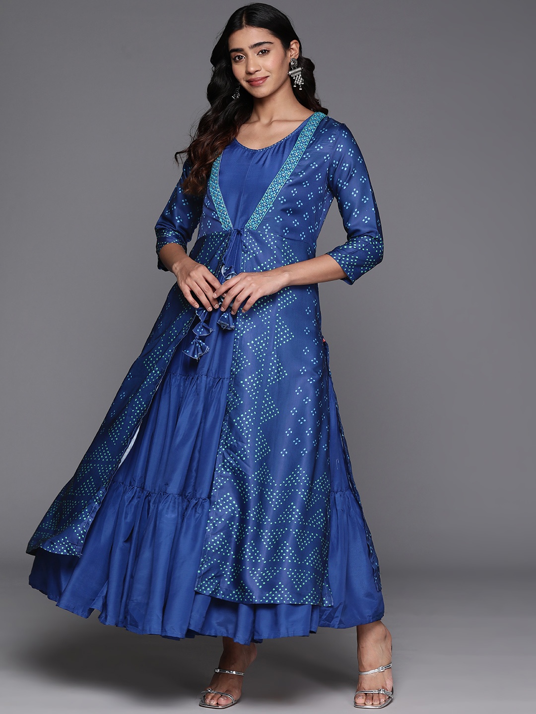 

Biba Bandhani Printed Tiered Dress with Jacket, Blue