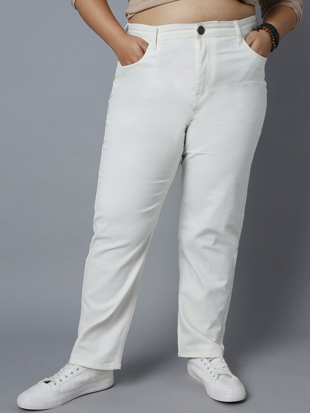 

Freeform by High Star Women Plus Size Straight Fit High-Rise Clean Look Stretchable Jeans, White