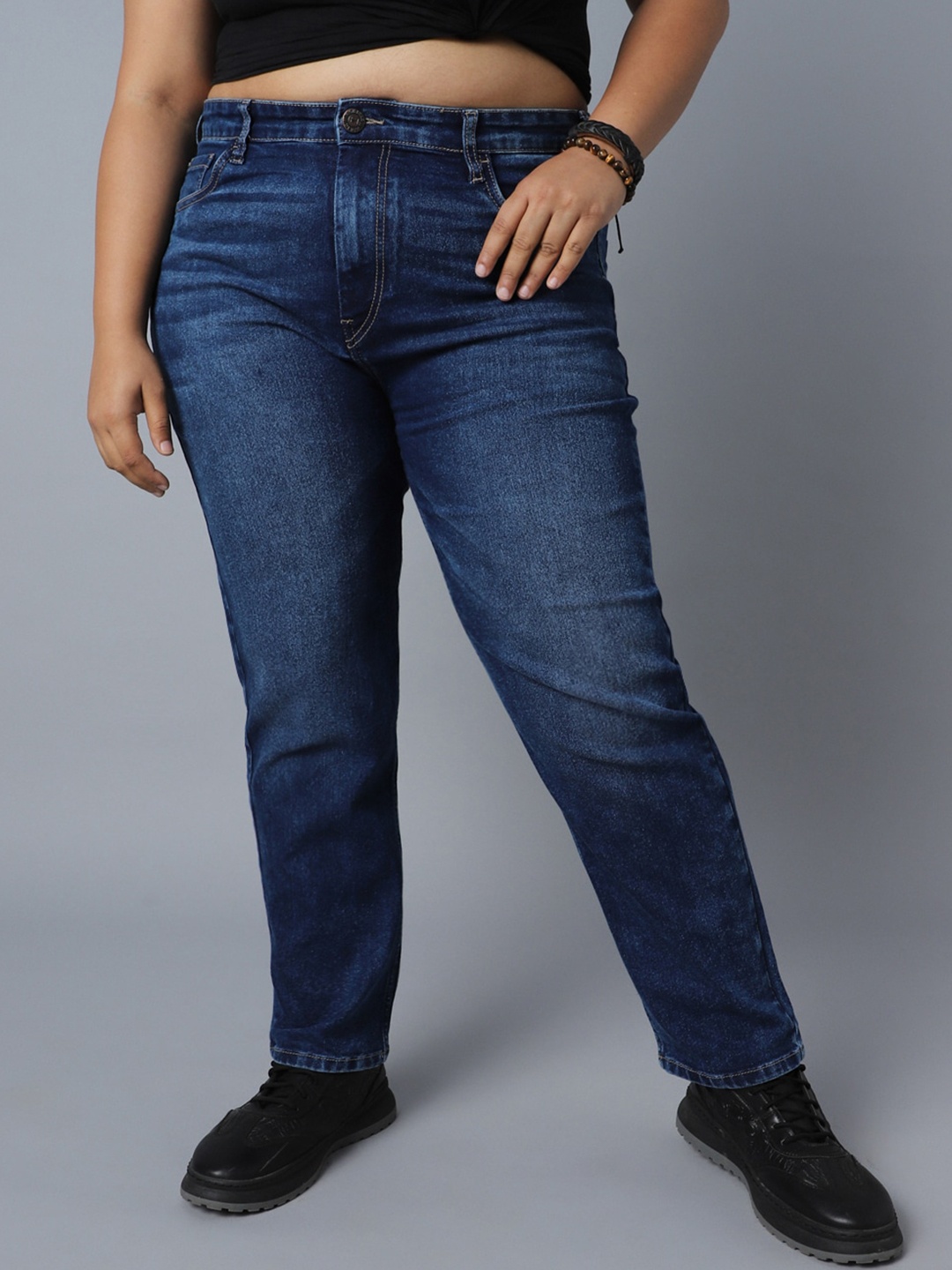 

Freeform by High Star Women Plus Size Straight Fit High-Rise Clean Look Stretchable Jeans, Blue