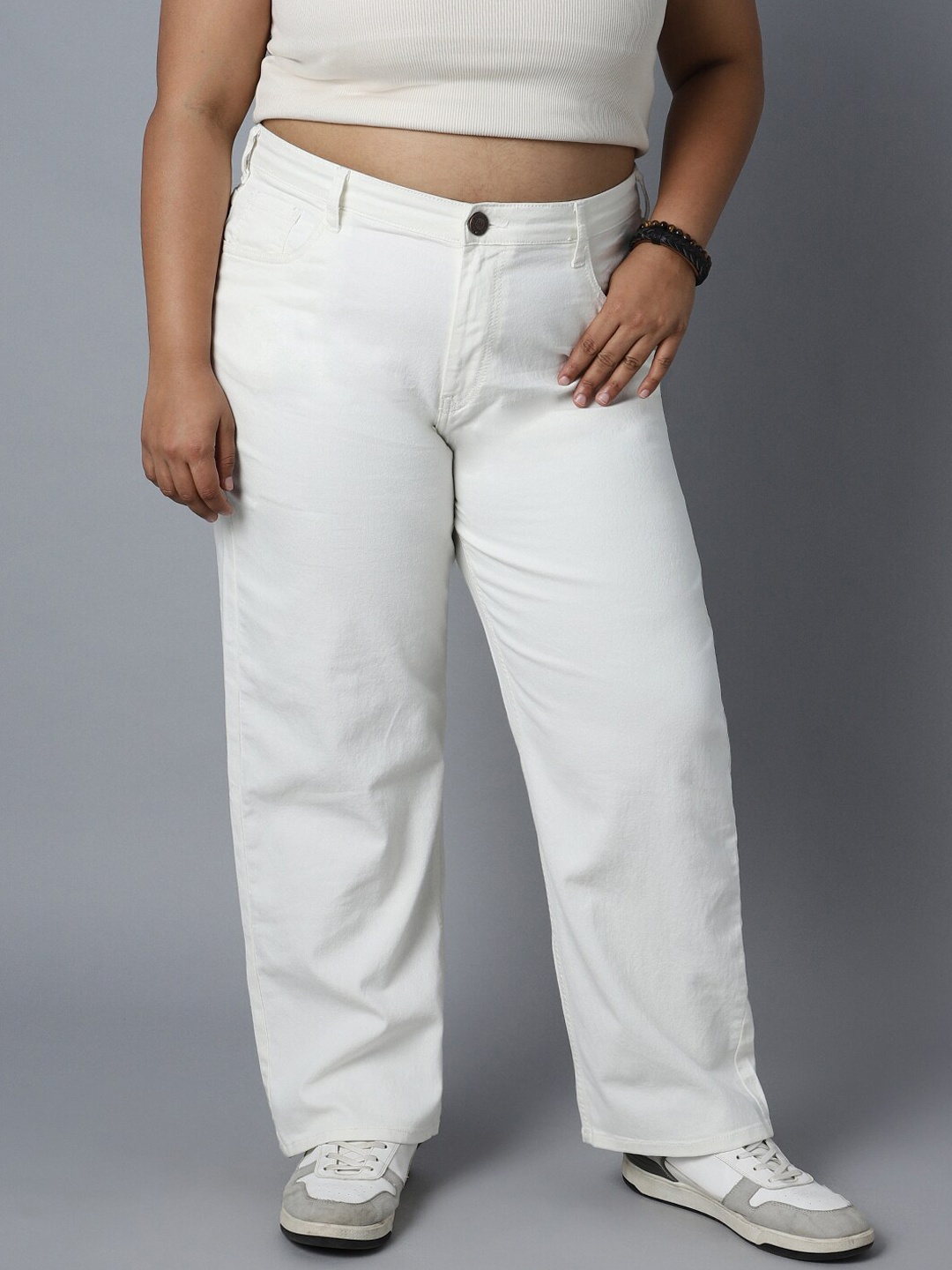 

Freeform by High Star Women Plus Size Dad Fit High-Rise Stretchable Jeans, White