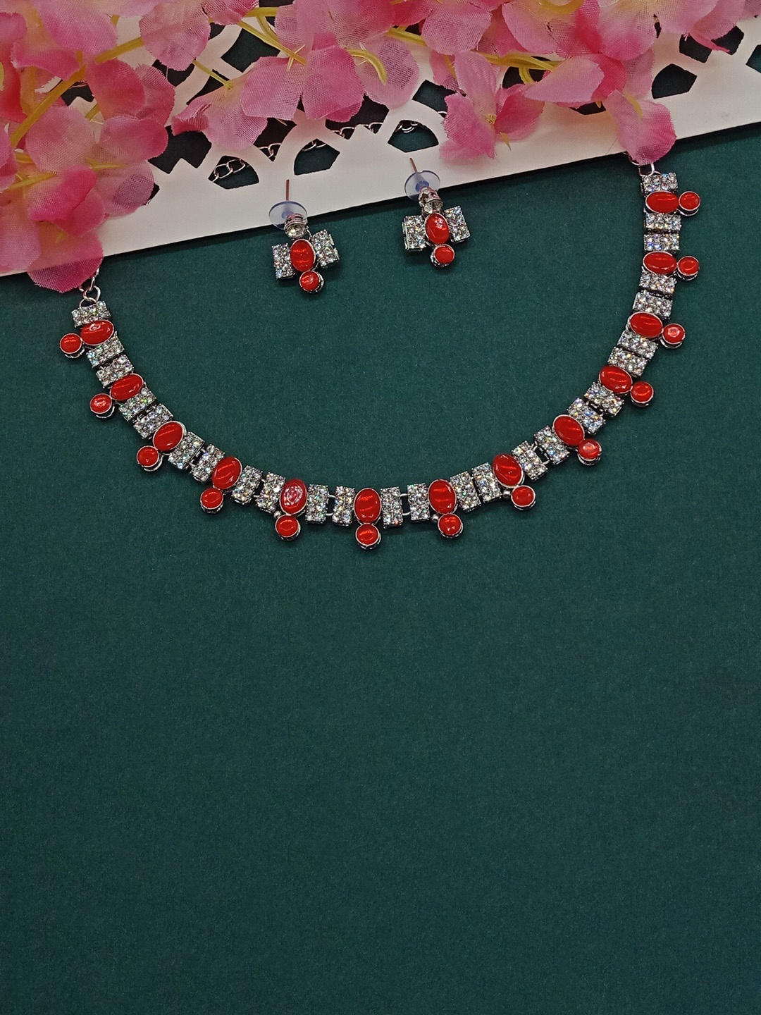 

AASHISH IMITATION Rhodium-Plated Stones Studded Necklace With Earrings, Silver