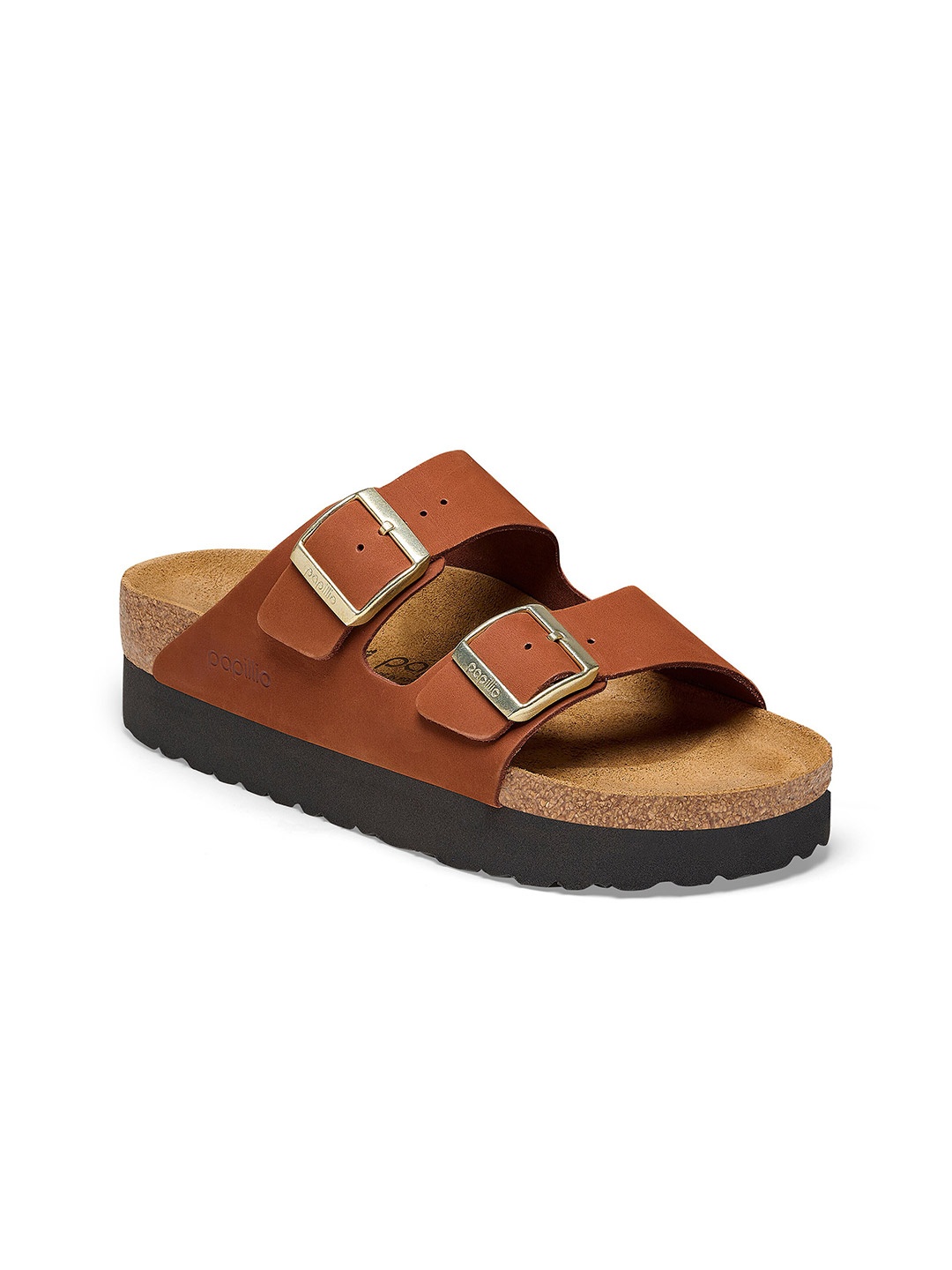 

Birkenstock Arizona Platform Pecan Narrow Width Nubuck Leather Two-Strap Sandals, Brown