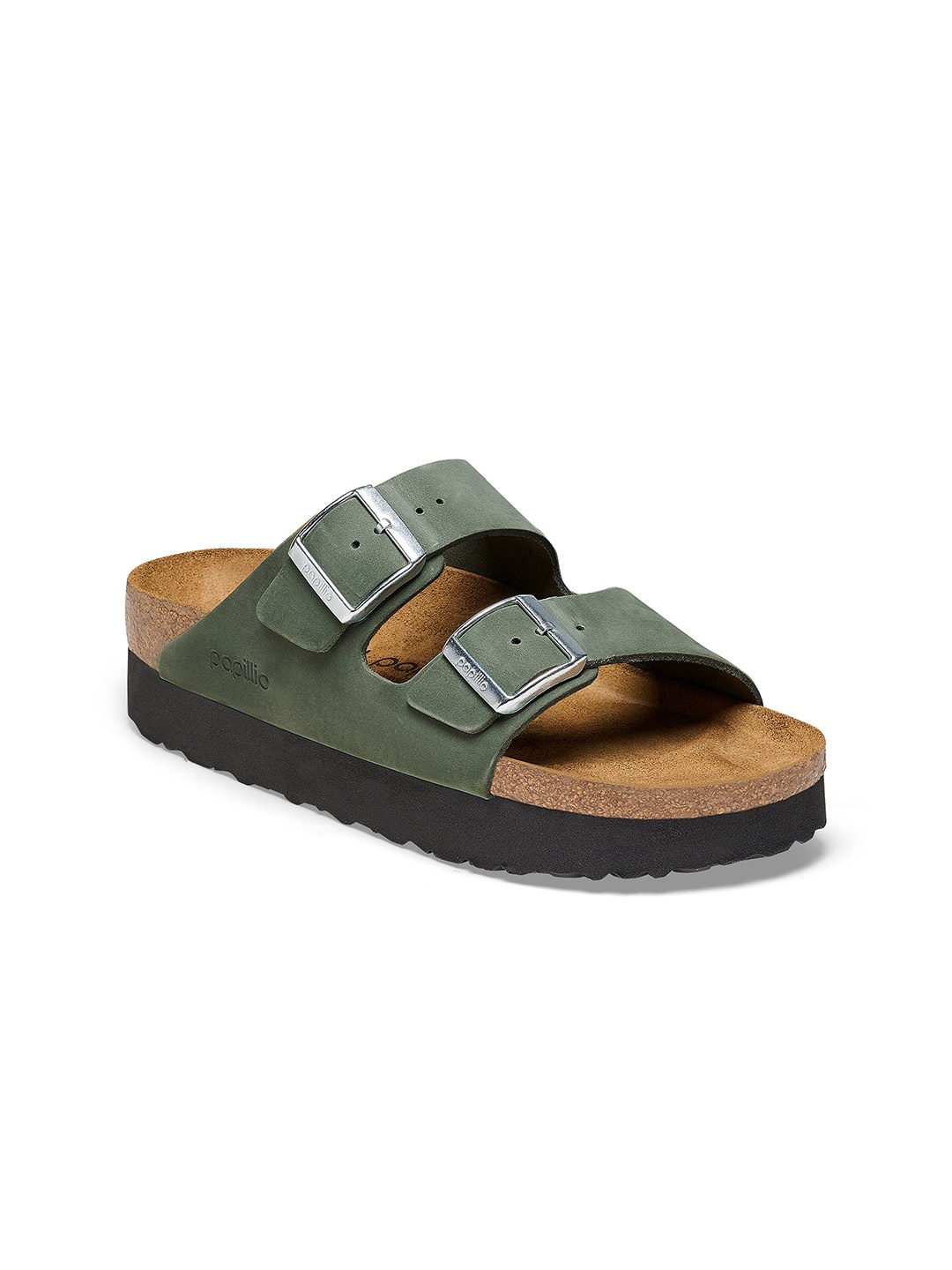 

Birkenstock Arizona Platform Thyme Narrow Width Nubuck Leather Two-Strap Sandals, Green