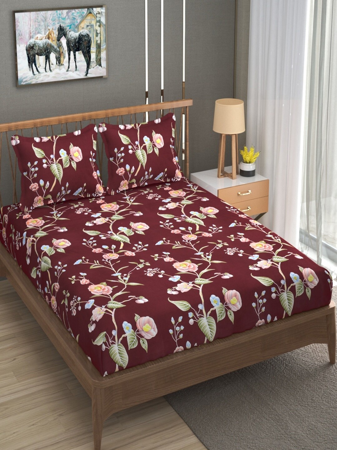 

Homefab India Dreams Maroon Floral Microfiber 160 TC Queen Bedsheet & 2 Pillow Covers