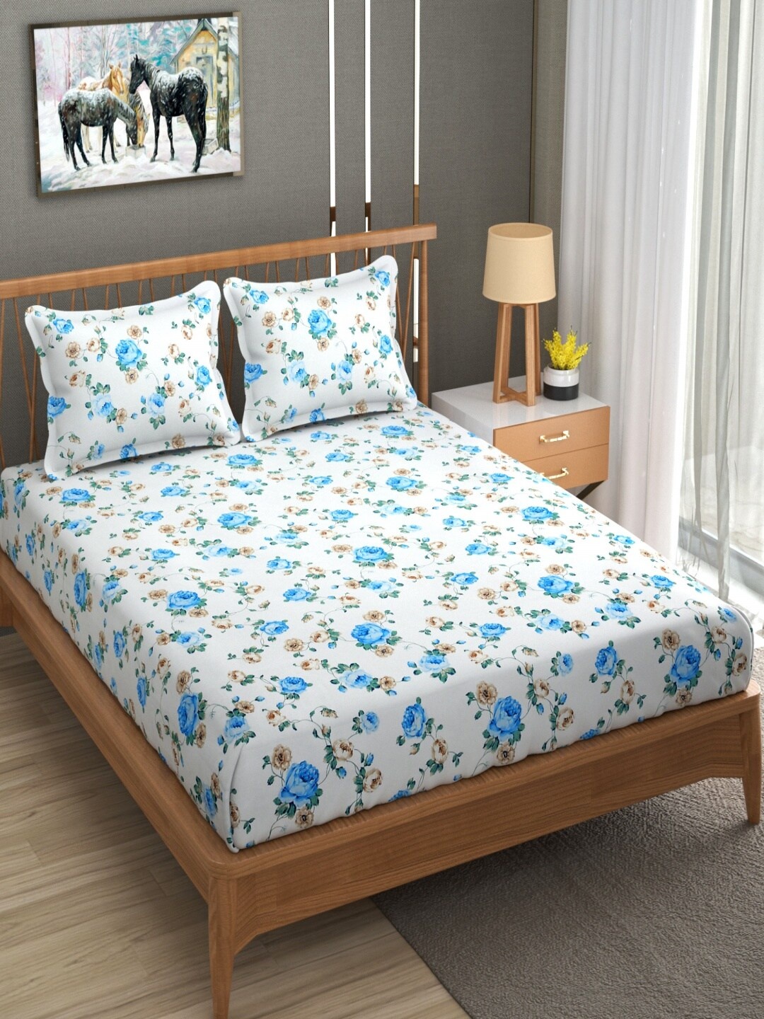 

Homefab India Blossom Blue Floral Cotton 210 TC Queen Bedsheet with 2 Pillow Covers