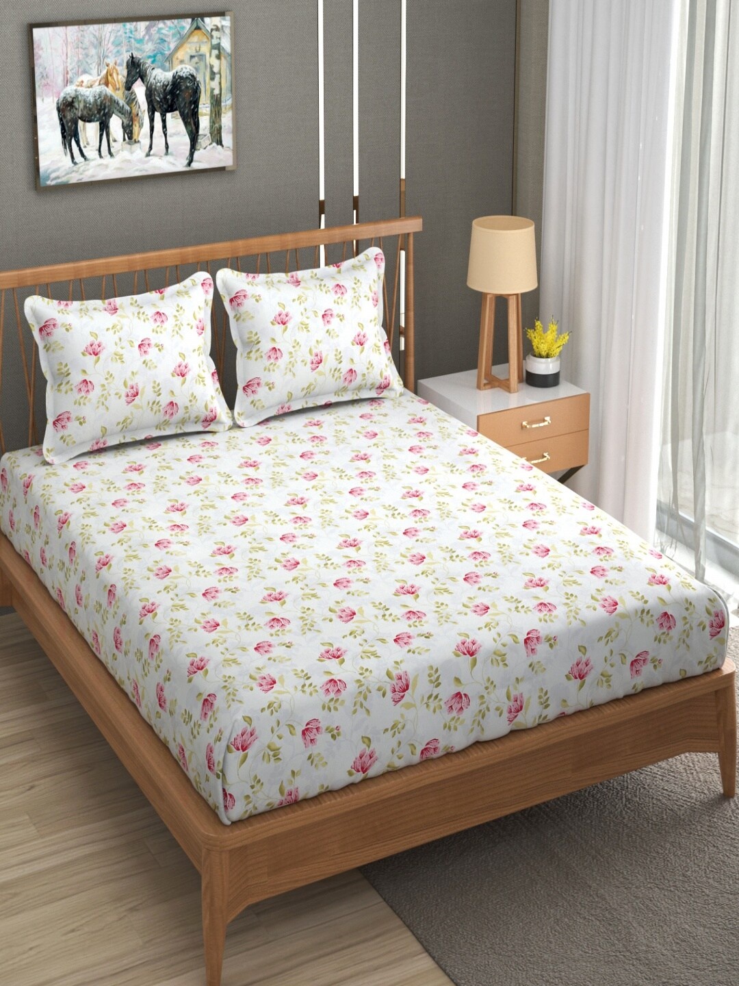 

Homefab India Blossom Pink Floral Cotton 210 TC Queen Bedsheet With 2 Pillow Covers