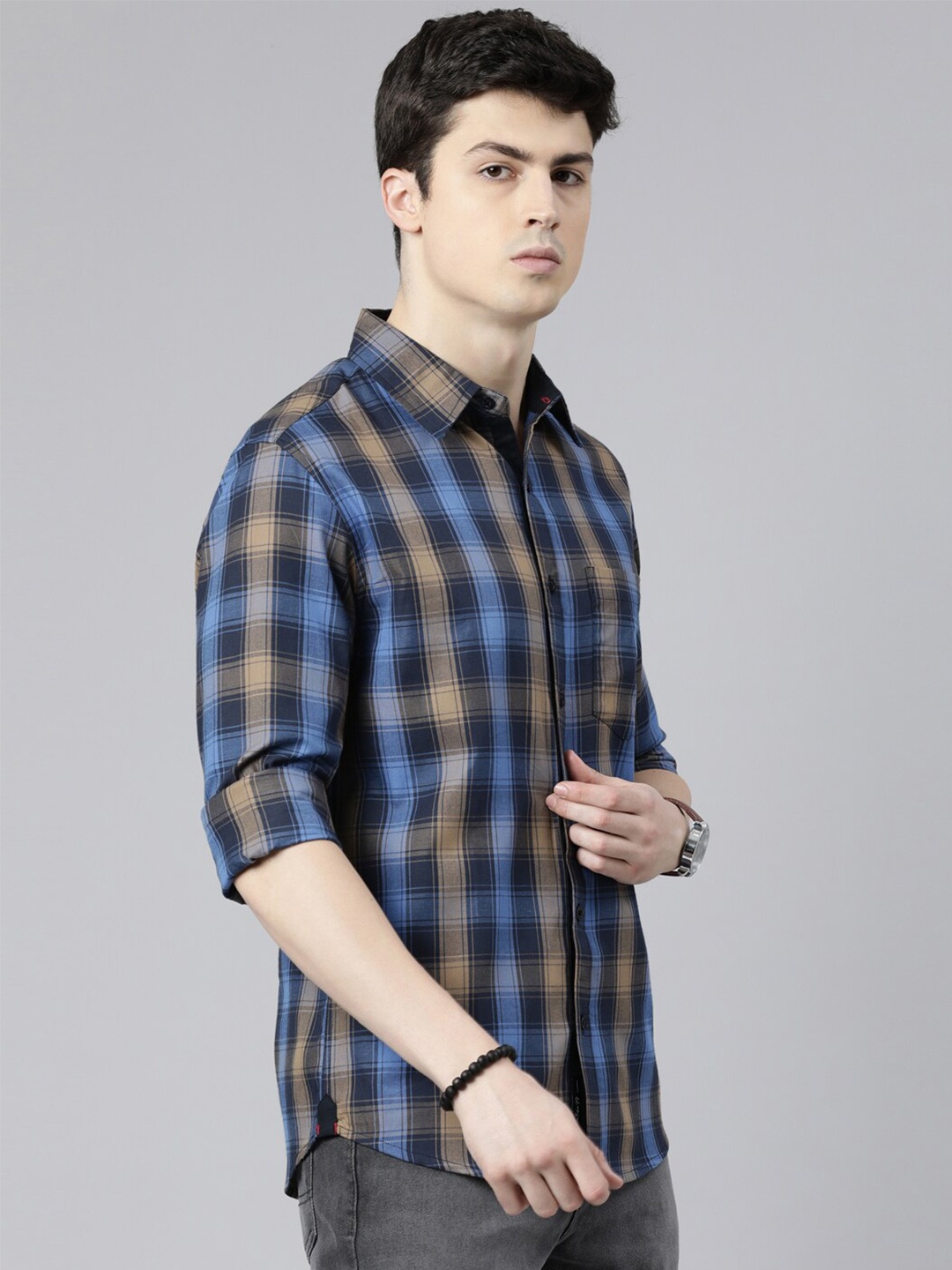 

Joven Slim Fit Tartan Checked Pure Cotton Casual Shirt, Navy blue