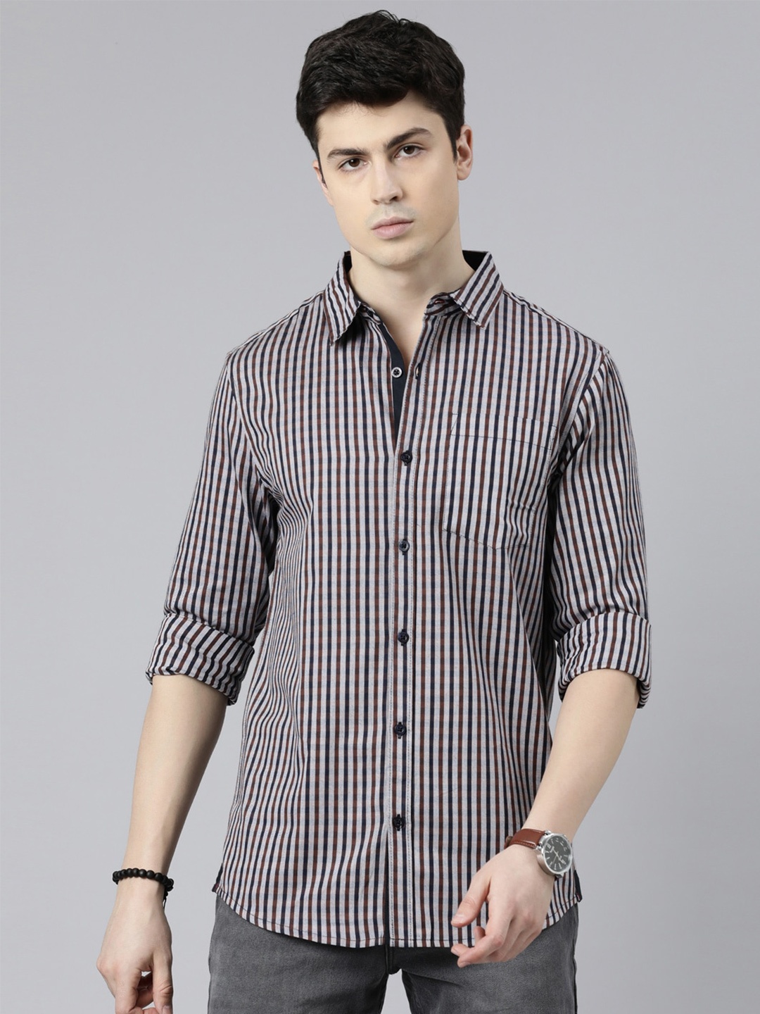 

Joven Slim Fit Checked Cotton Casual Shirt, Grey