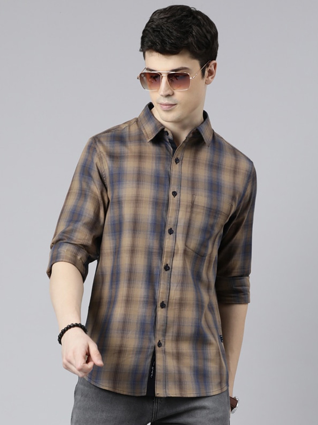 

Joven Slim Fit Tartan Checked Pure Cotton Casual Shirt, Brown