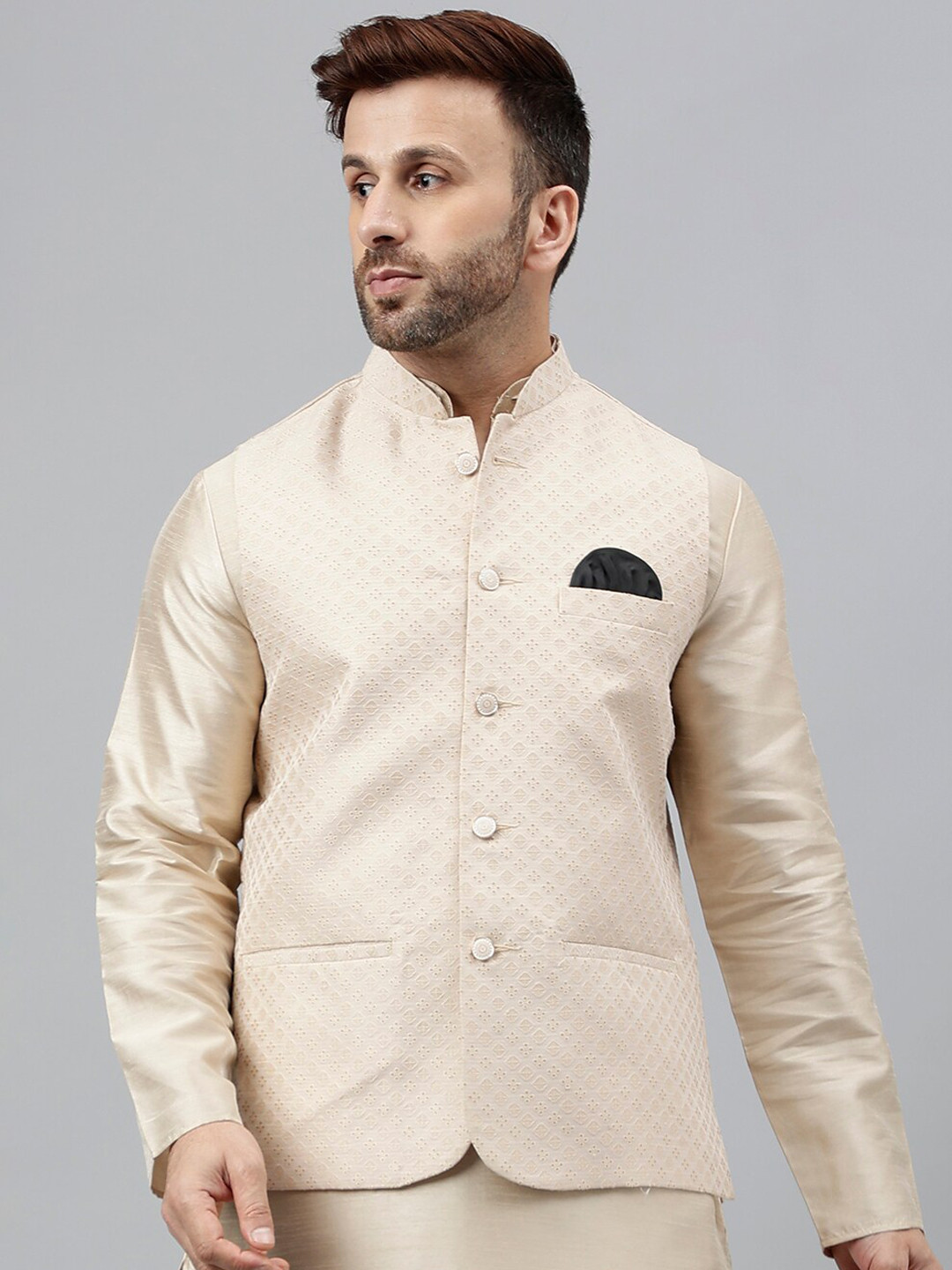 

Vgyaan Ethnic Woven Design Nehru Jacket, Beige