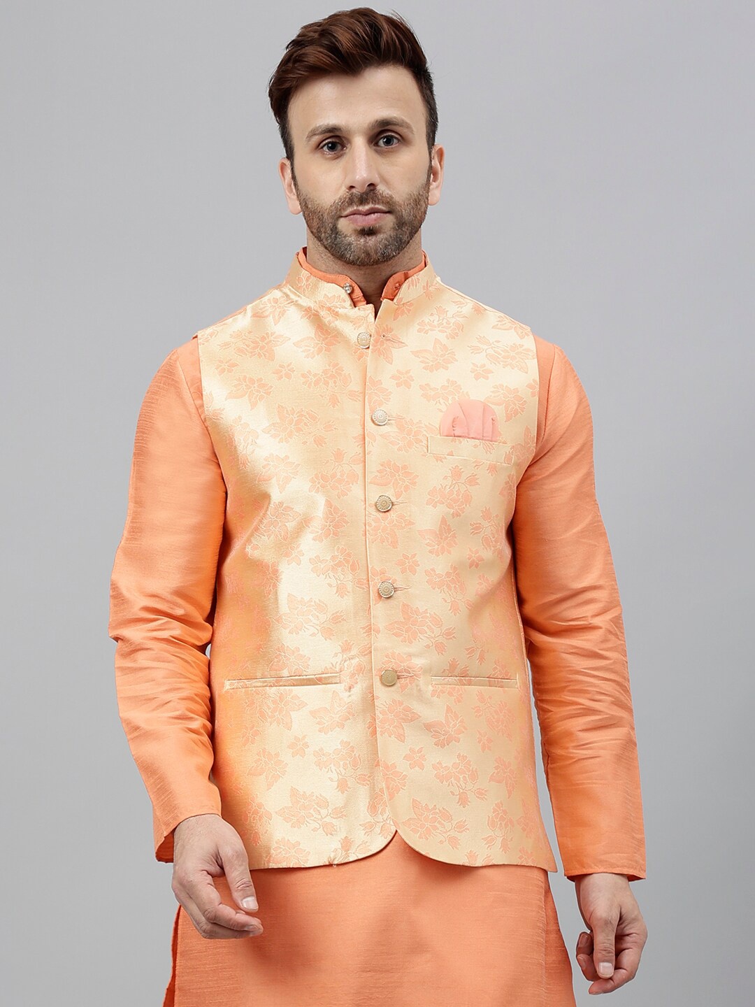 

Vgyaan Woven Designed Nehru Jacket, Peach
