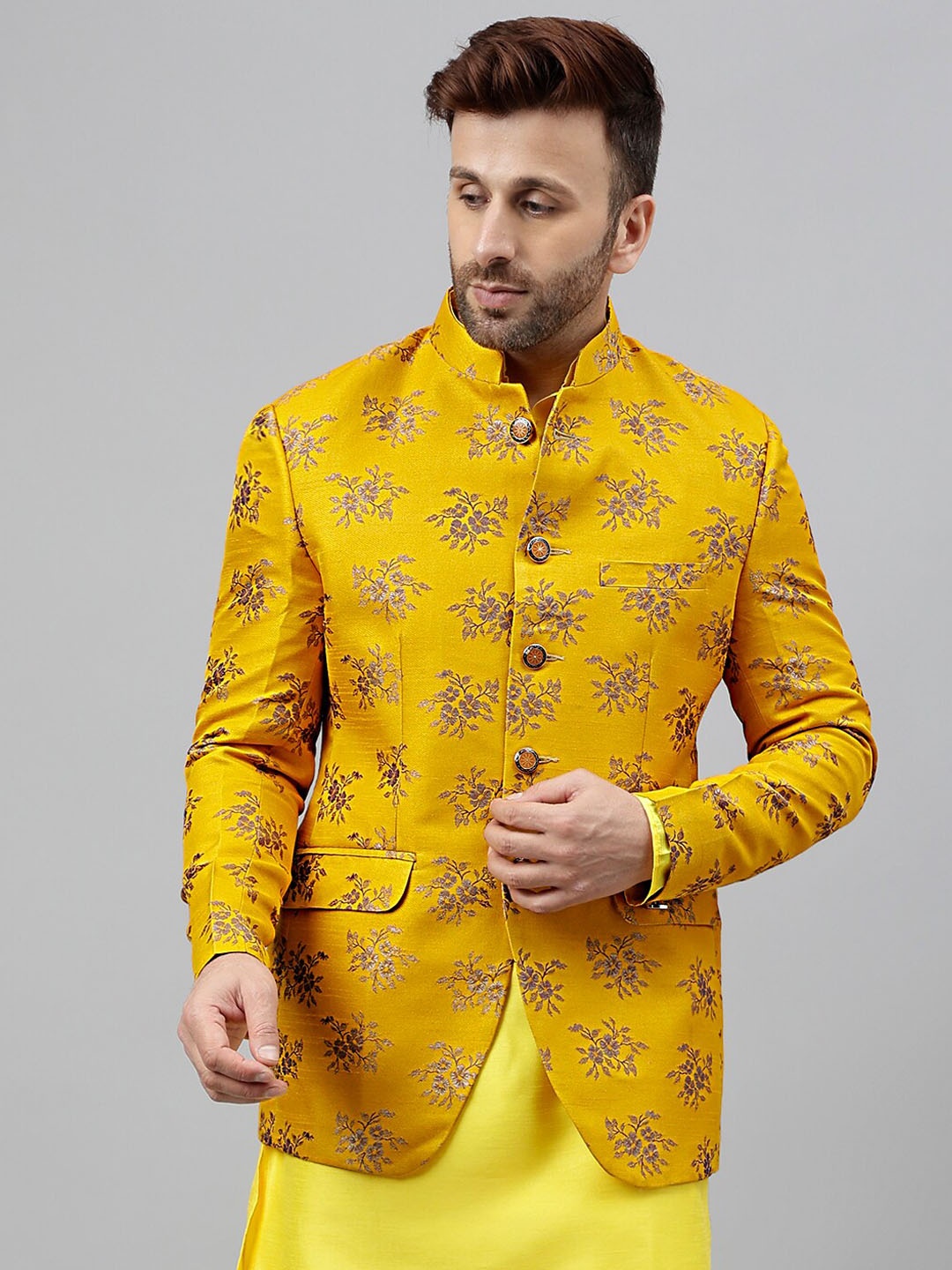 

Vgyaan Woven Design Nehru Jacket, Yellow