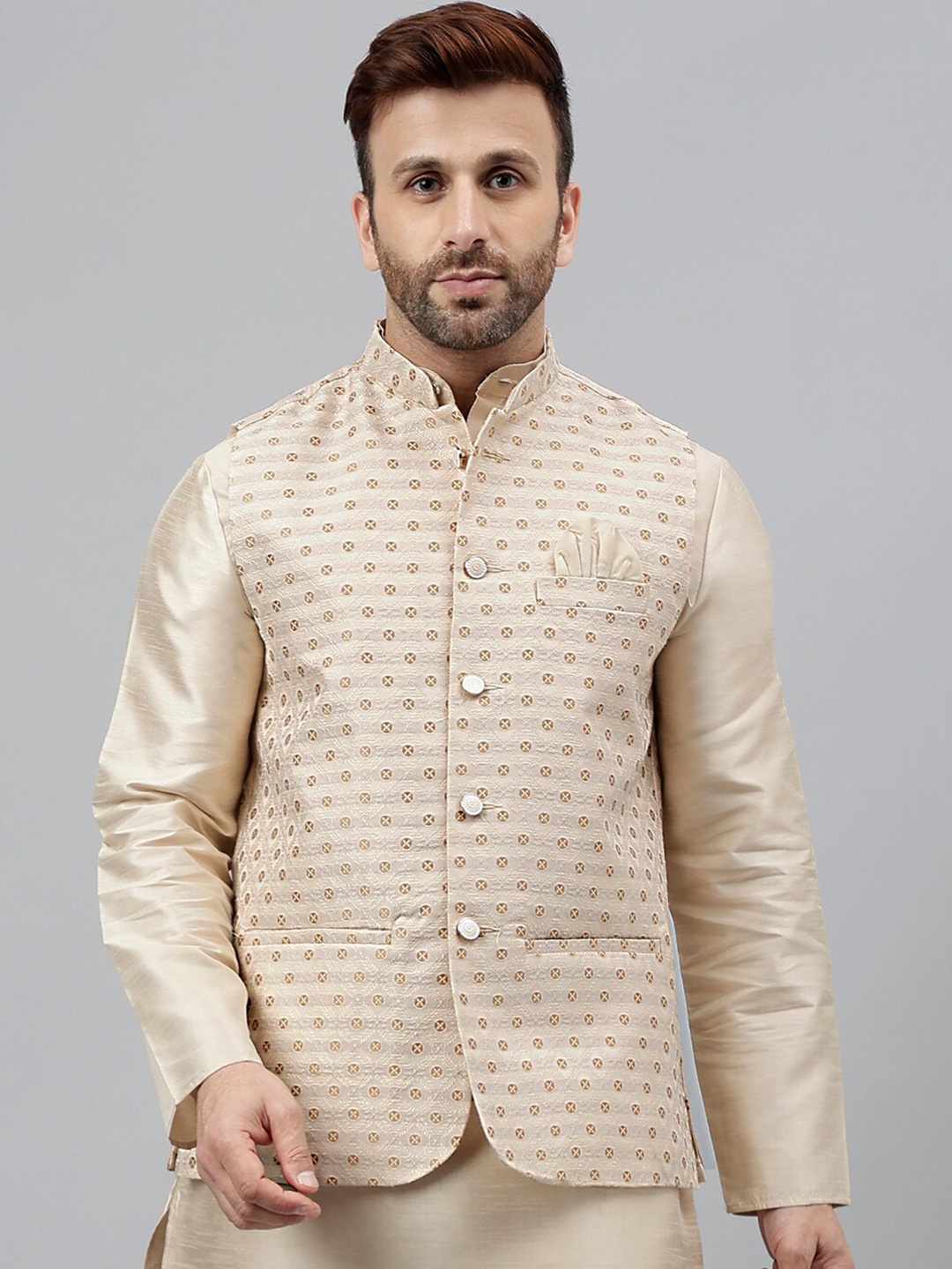 

Vgyaan Ethnic Motifs Embroidered Nehru Jacket, Beige