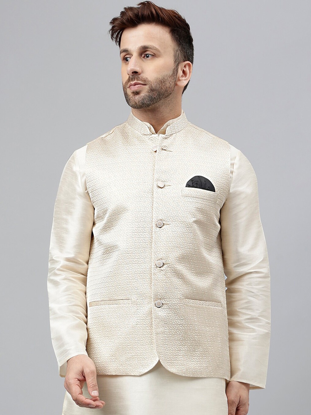 

Vgyaan Ethnic Embroidered Nehru Jacket, Cream