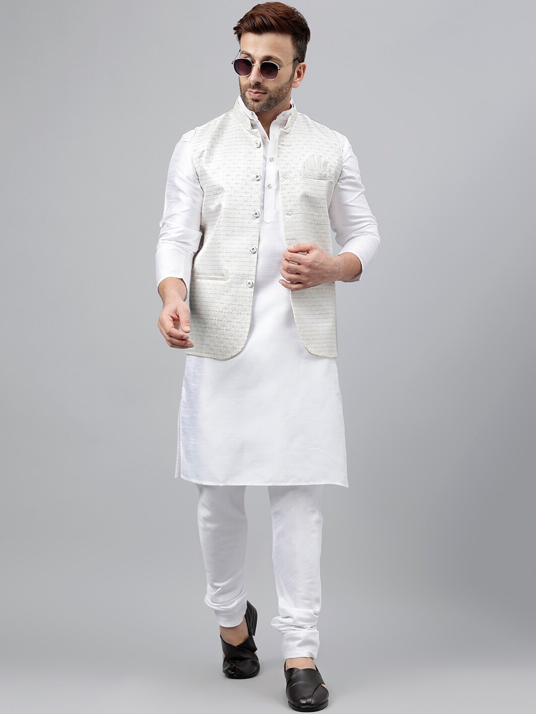 

Vgyaan Mandarin Collar Kurta with Churidar And Nehru Jacket, White